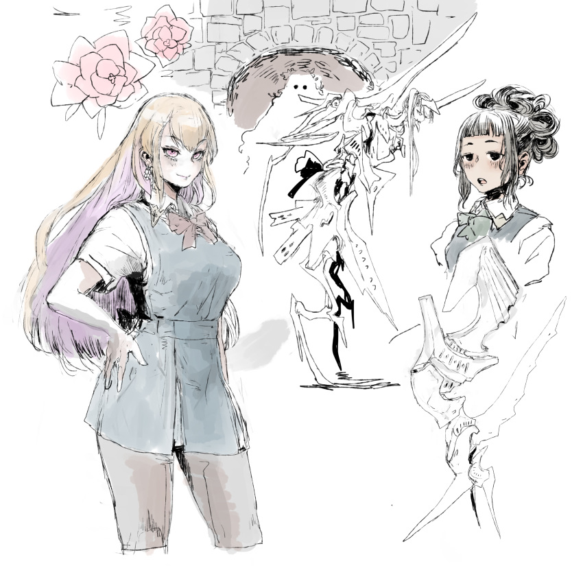 1other, 2girls, absurdres, bangs, black_hair, blonde_hair, blunt_bangs, blush
