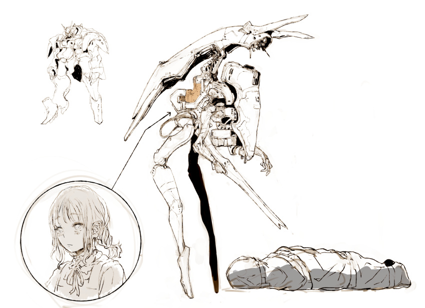 1girl, 1other, bangs, blush, braid, braided_ponytail, corpse, dress