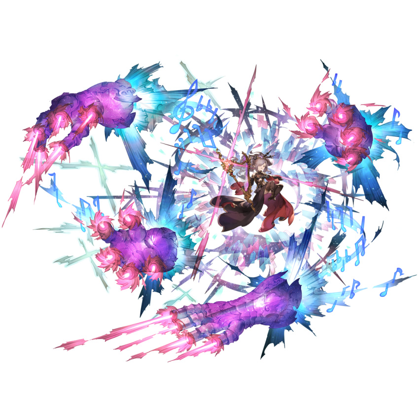 1girl, beamed_eighth_notes, detached_sleeves, dress, eighth_note, firing, full_body, granblue_fantasy