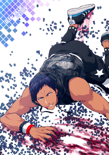1boy, aomine_daiki, berry, black_footwear, black_hoodie, black_pants, blue_eyes, blue_hair