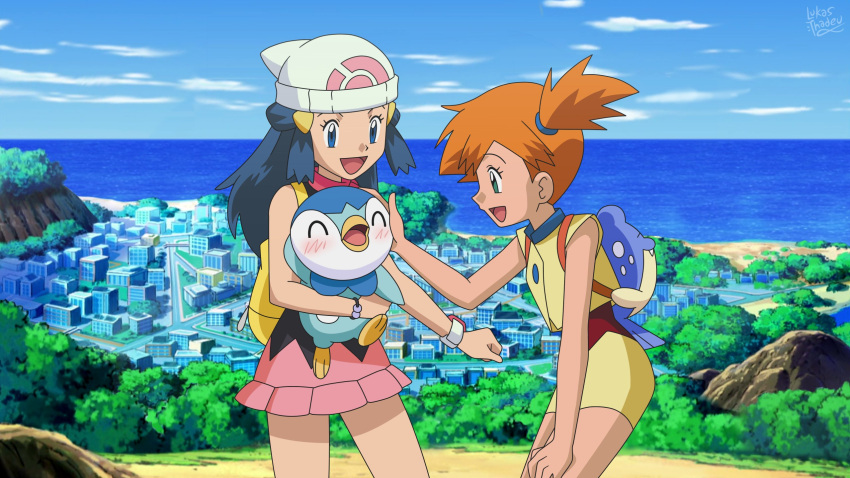 2girls, arm_behind_head, beanie, black_dress, blue_eyes, blue_hair, blush, bracelet, cityscape, closed_eyes, commission, hikari_(pokemon), dress, english_commentary, gen_3_pokemon, gen_4_pokemon, green_eyes, hat, highres, jewelry, lukas_thadeu, medium_hair, miniskirt, misty_(pokemon), multicolored, multicolored_clothes, multiple_girls, orange_hair, pink_skirt, piplup, pokegear, pokemon, pokemon_(anime), pokemon_dppt_(anime), red_shirt, second-party_source, shirt, short_hair, shorts, side_ponytail, signature, skirt, spheal, tagme, undershirt, white_headwear, yellow_bag, yellow_shirt, yellow_shorts