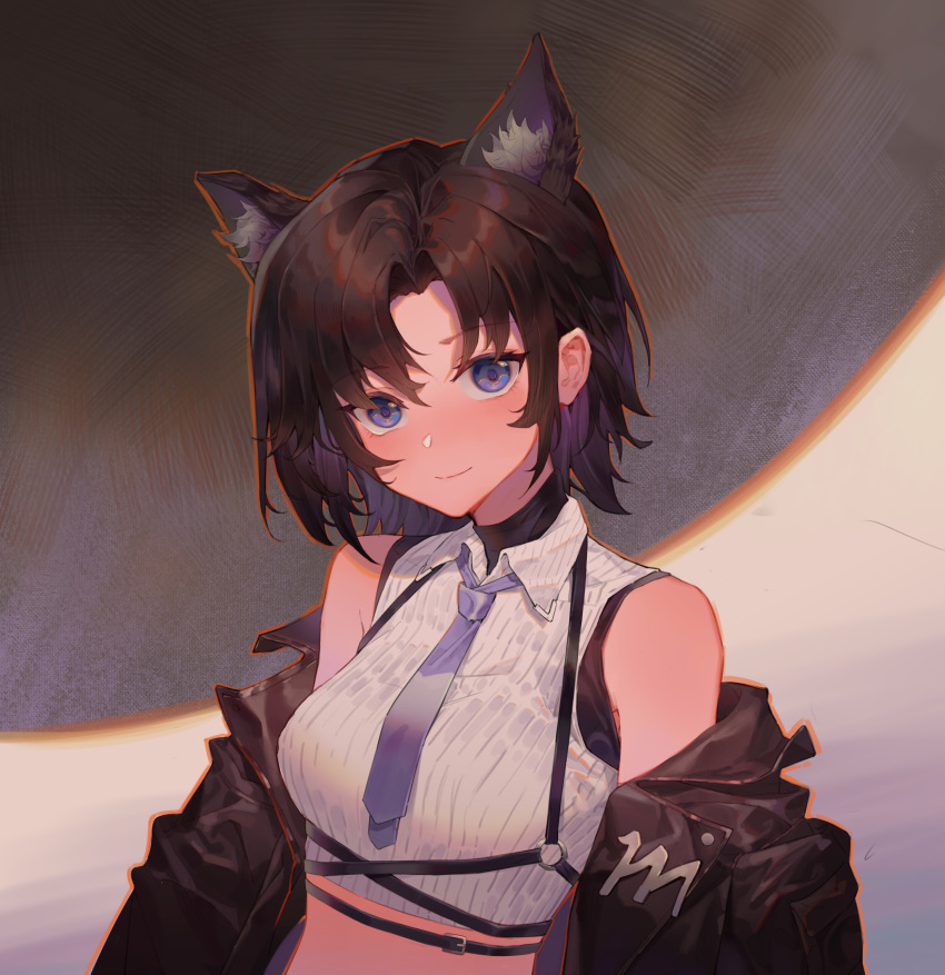 1girl, a-soul, absurdres, animal_ear_fluff, animal_ears, bare_shoulders, black_hair, black_jacket