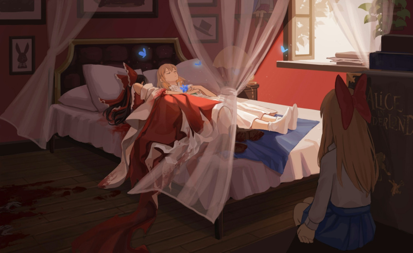 3girls, alice_margatroid, bed, bedroom, blonde_hair, blood, blood_on_clothes, blue_eyes