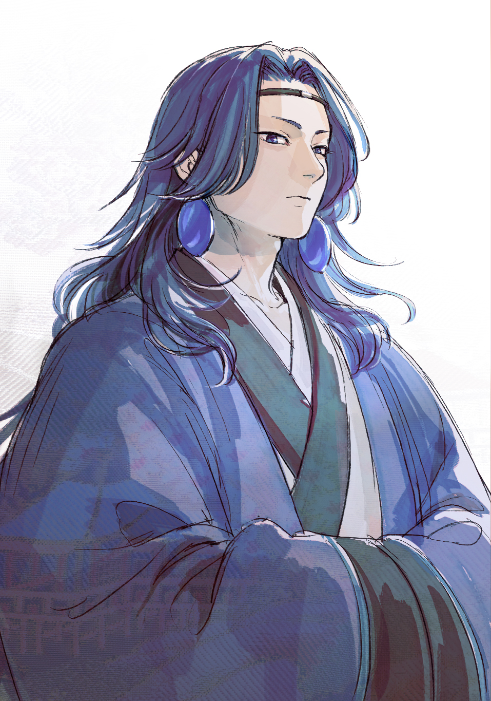 1boy, blue_hair, blue_robe, earrings, expressionless, hands_in_opposite_sleeves, highres, jewelry