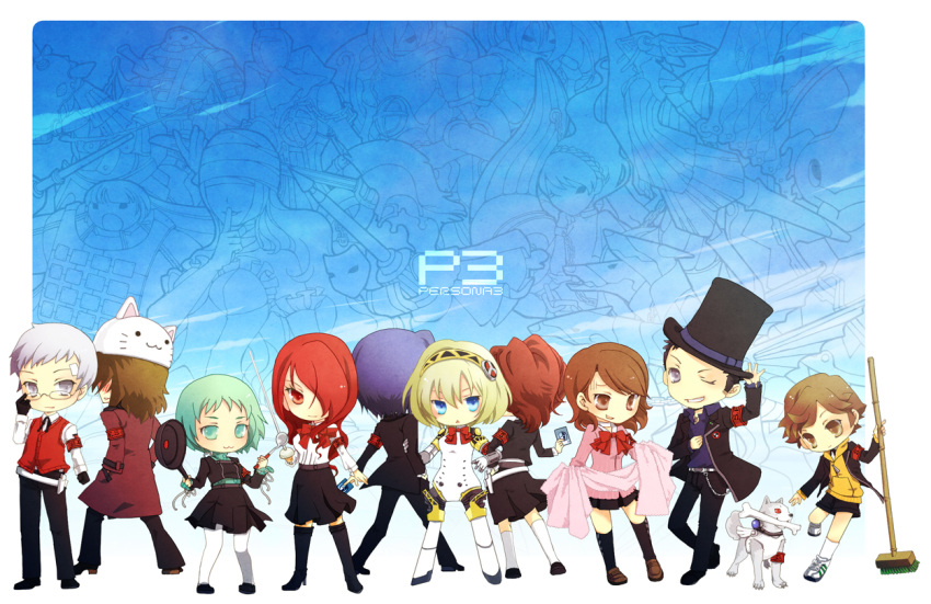 amada_ken, aragaki_shinjirou, arisato_minato, bandage, bandages, black_hair, blonde_hair, blue_eyes, blush, bone, boots, bow, broom, brown_eyes, brown_hair, card, chibi, dog, female_protagonist_(persona_3), frying_pan, gengendou, glasses, grey_eyes, hat, holding, holding_card, holster, iori_junpei, kirijou_mitsuru, kneehighs, koromaru, ladle, pantyhose, persona, persona_3, persona_3_portable, red_eyes, red_hair, redhead, ribbon, robot, sanada_akihiko, school_uniform, silver_eyes, silver_hair, skirt, smile, socks, takeba_yukari, toeto_(vocaloid), top_hat, towel, vocaloid, white_legwear, wink, yamagishi_fuuka