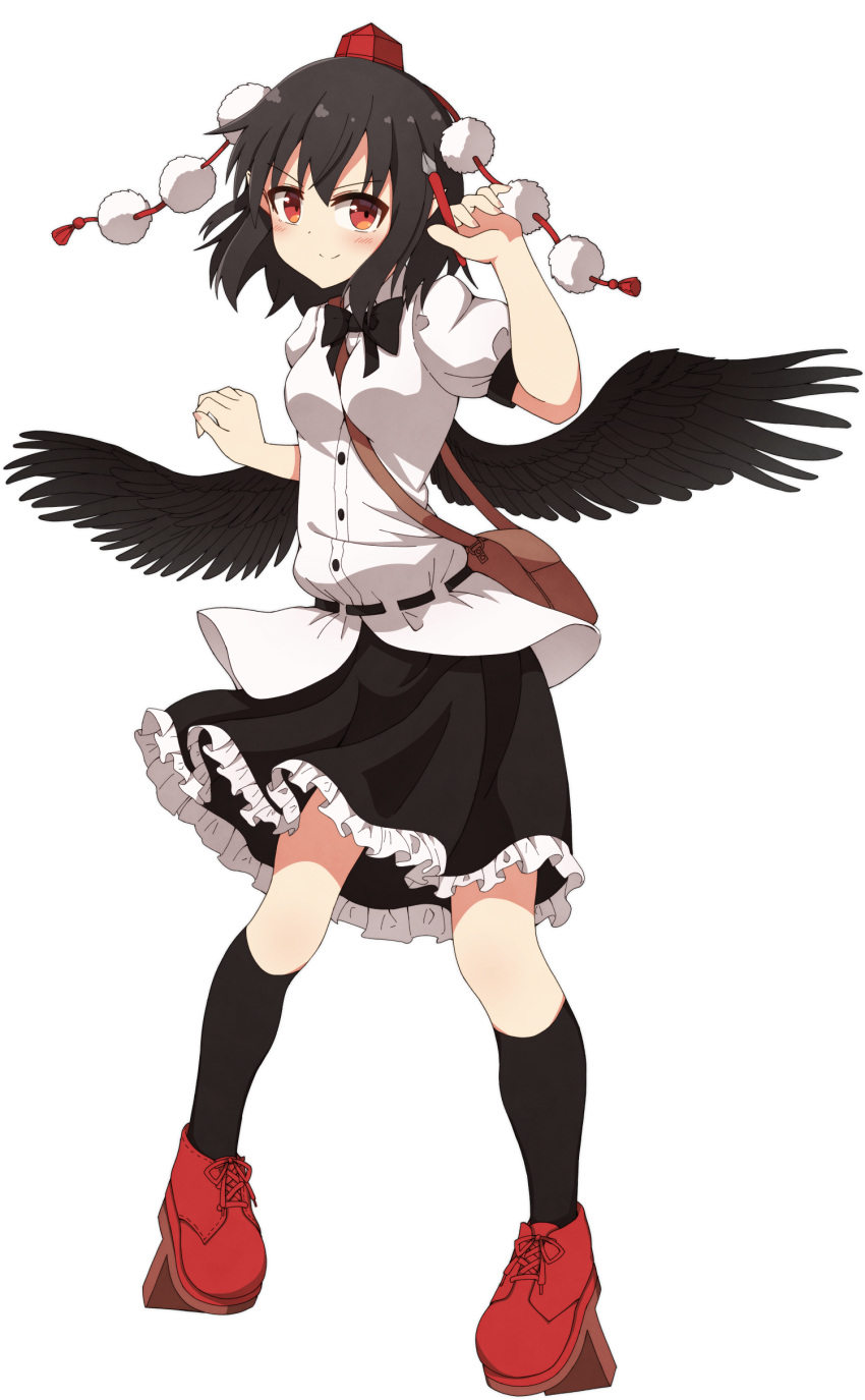 1girl, absurdres, belt, between_breasts, bird_wings, black_hair, black_legwear, black_skirt