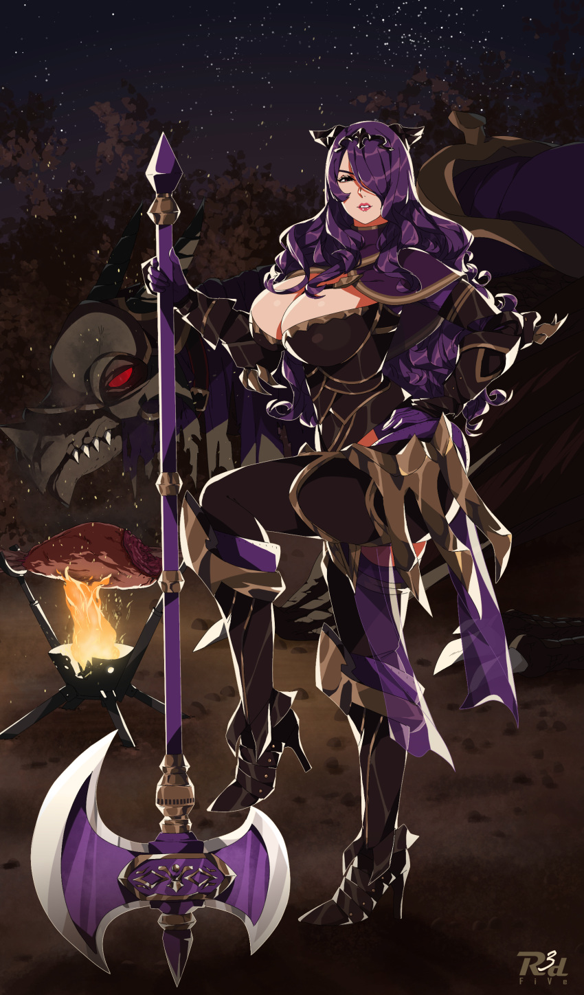 1girl, absurdres, armor, axe, breast_cutout, breasts, camilla_(fire_emblem), dragon