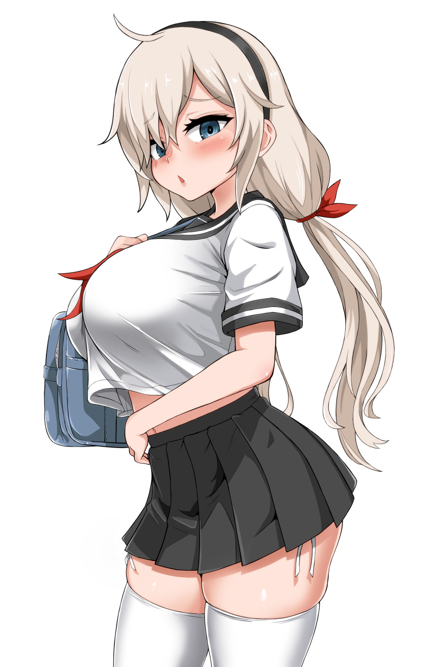 1girl, absurdres, bag, bangs, black_sailor_collar, black_skirt, blue_eyes, breasts, commission, english_commentary, eyebrows_visible_through_hair, hair_ornament, hairband, highres, kimwangjyang, korean_commentary, large_breasts, light_brown_hair, long_hair, midriff_peek, mixed-language_commentary, navel, original, parted_lips, pleated_skirt, red_neckwear, sailor_collar, school_bag, school_uniform, serafuku, shirt, simple_background, skirt, thigh-highs, uniform, white_background, white_shirt