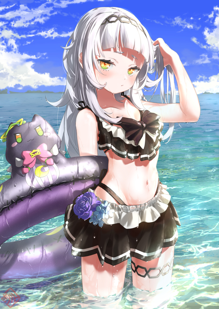 1girl, absurdres, arm_up, bangs, bare_arms, bikini, bikini_skirt, black_bikini