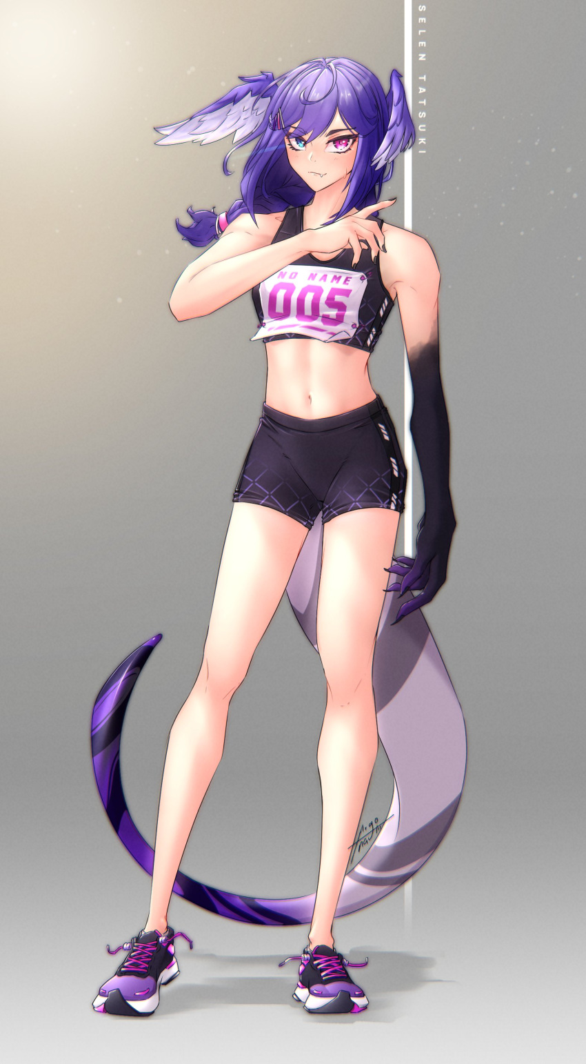 1girl, absurdres, adapted_costume, bangs, black_shorts, black_sports_bra, blue_eyes, braid, character_name, dragon_girl, dragon_tail, english_commentary, eyebrows_visible_through_hair, fang, fang_out, floating_hair, head_wings, heterochromia, highres, looking_at_viewer, midriff, navel, nijisanji, nijisanji_en, pace_argonaut_(artist), purple_footwear, selen_tatsuki, shoes, shorts, sneakers, solo, sports_bra, tail, twin_braids, untied_footwear, violet_eyes, virtual_youtuber