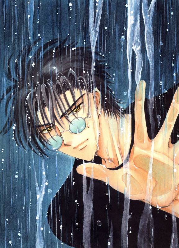 brown_eyes, clamp, glasses, monou_fuma, official_art, rain, shirt, short_hair, traditional_media, x_(manga)