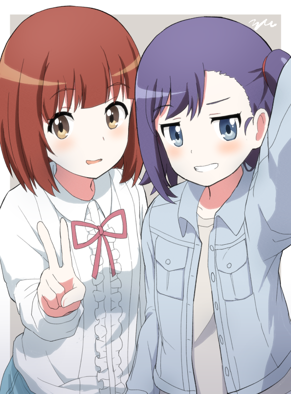 2girls, aayh, arm_up, bangs, blue_jacket, blush, brown_eyes, brown_hair