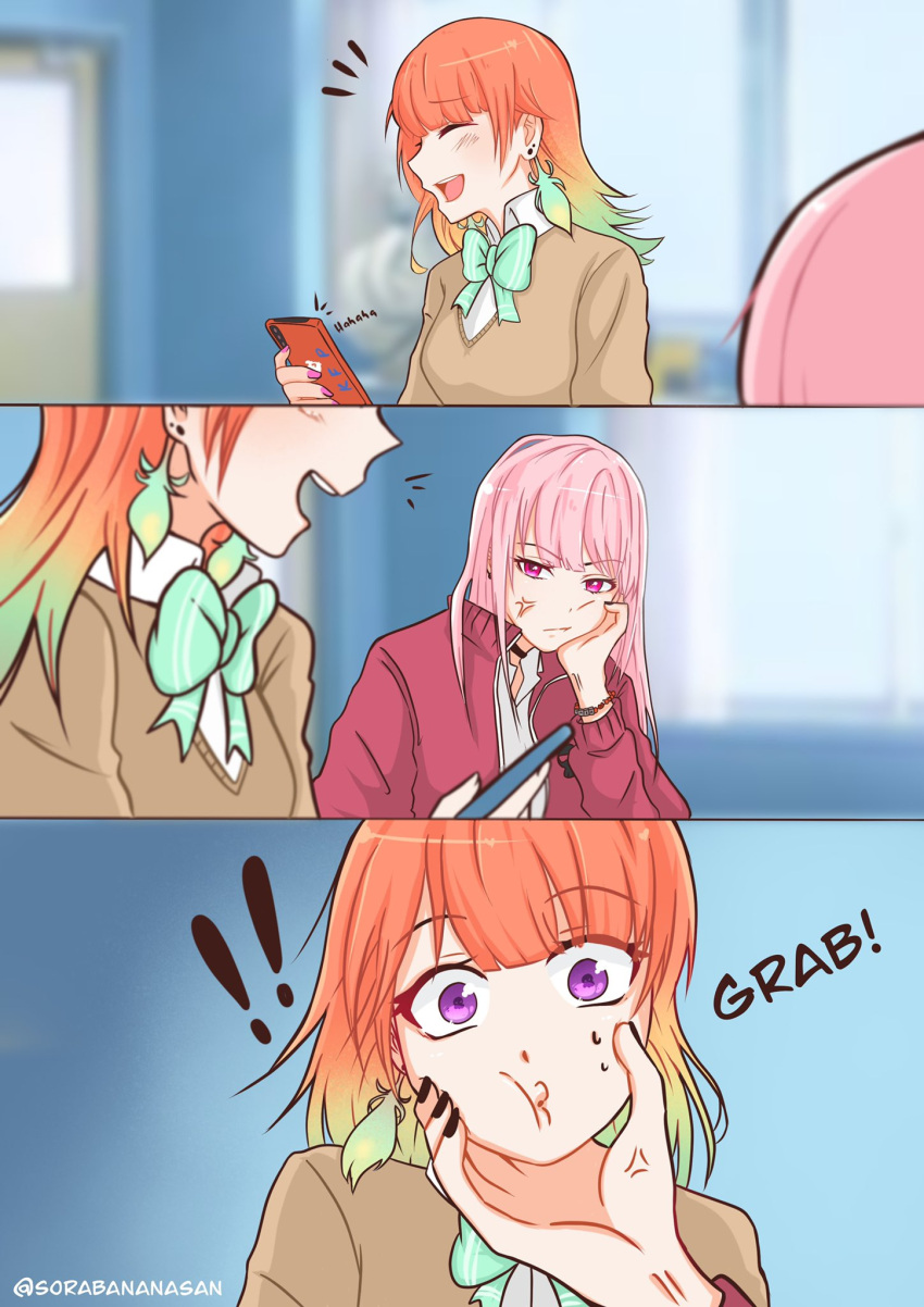 !, !!, 2girls, anger_vein, black_nails, cheek_squash, door, english_text, eyebrows_visible_through_hair, head_rest, highres, holding, holding_phone, hololive, hololive_english, laughing, looking_at_another, mori_calliope, multiple_girls, nail_polish, open_mouth, orange_hair, phone, pink_hair, pink_nails, soranana_(sorabananasan), sweat, takanashi_kiara, twitter_username, upper_teeth, violet_eyes, virtual_youtuber