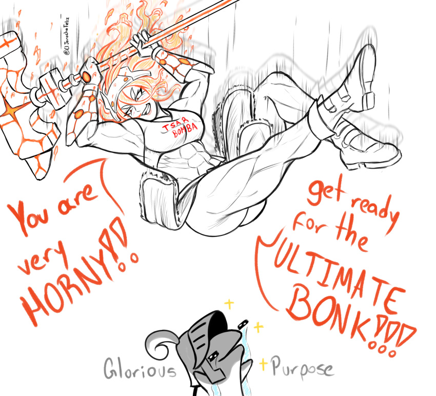 1boy, 1girl, abs, absurdres, blacksmith, blacksmith_(guardian_tales), crying, el_jarocho_feliz, falling, fiery_hair, guardian_tales, hammer, helmet, highres, male_knight_(guardian_tales), meme, muscular, redhead