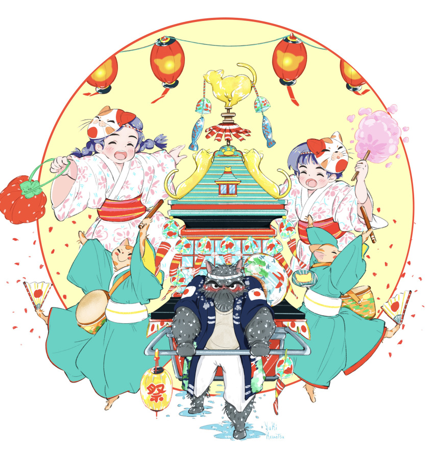 2girls, 3others, aqua_kimono, bag, braid, candy, cat, cat_mask