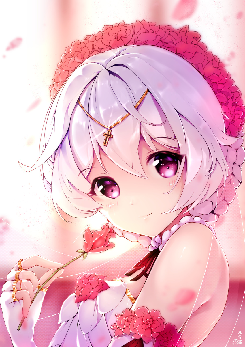 1girl, absurdres, bangs, bare_shoulders, bridal_veil, bride, closed_mouth, dress, fingerless_gloves, flower, gloves, hair_between_eyes, hair_flower, hair_ornament, highres, holding, holding_flower, honkai_(series), honkai_impact_3rd, looking_at_viewer, mofa_gu_zi_xi_sang_jiang, petals, red_eyes, red_flower, red_rose, rose, smile, solo, theresa_apocalypse, theresa_apocalypse_(luna_kindred), veil, wedding_dress, white_dress, white_gloves, white_hair