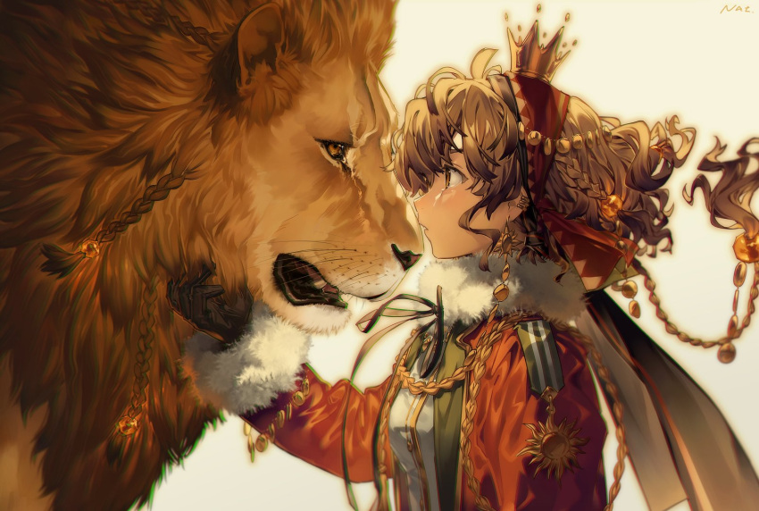 1girl, animal, bangs, black_gloves, braid, brown_hair, crown, earrings, floating_hair, fur_trim, gloves, hand_up, highres, jewelry, lion, long_sleeves, nat_latework, original, profile, signature, solo, upper_body, white_background