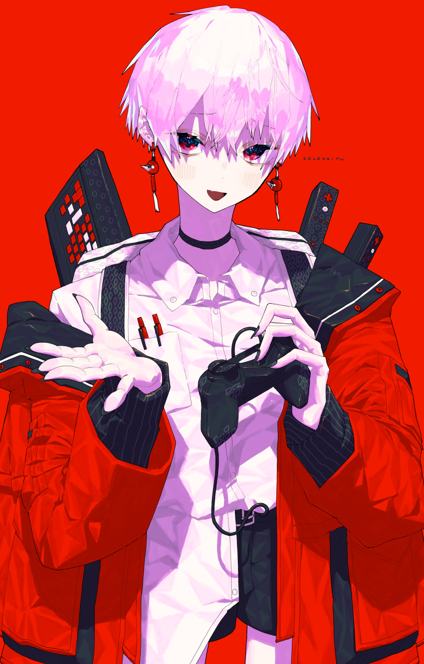 1boy, absurdres, black_shorts, breast_pocket, coat, collared_shirt, controller, cowboy_shot