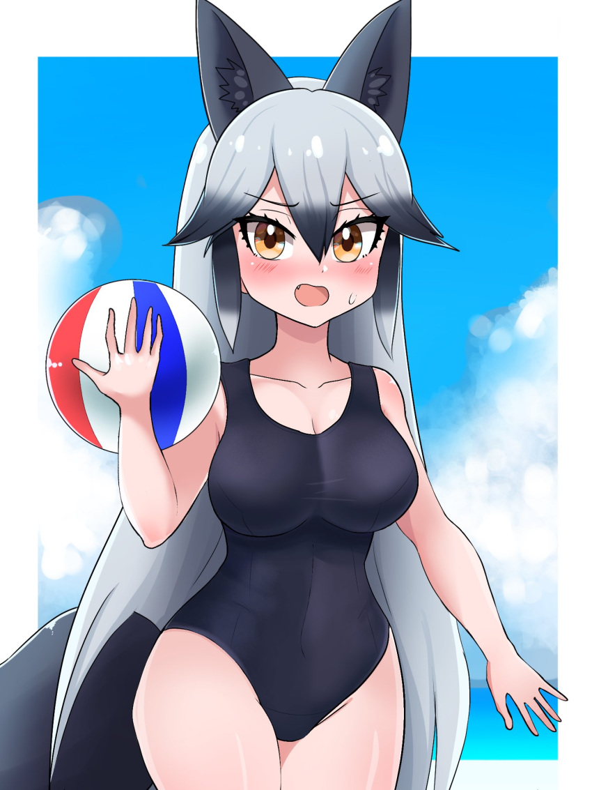 1girl, animal_ears, aramaru, ball, bangs, beachball, black_hair, black_swimsuit