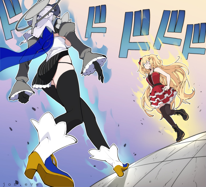 2girls, absurdres, akai_haato, aqua_eyes, ass, asymmetrical_clothes, aura, black_gloves
