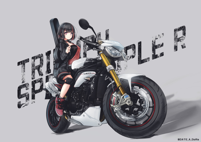 1girl, absurdres, bang_dream!, black_collar, black_hair, black_jacket, black_shorts, bob_cut, collar, dora_(dr3032), ground_vehicle, guitar_case, highres, instrument_case, instrument_on_back, jacket, knee_pads, mitake_ran, motor_vehicle, motorcycle, multicolored_hair, on_motorcycle, red_eyes, red_footwear, redhead, shoes, short_hair, shorts, smile, sneakers, solo, streaked_hair, vehicle_focus