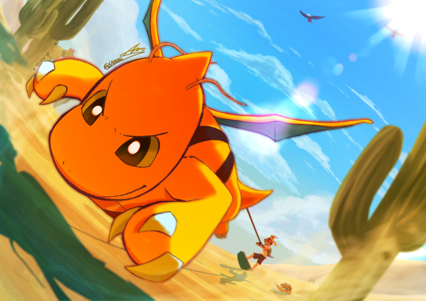 1boy, absurdres, ash_ketchum, backpack, bag, braviary, cactus, claws