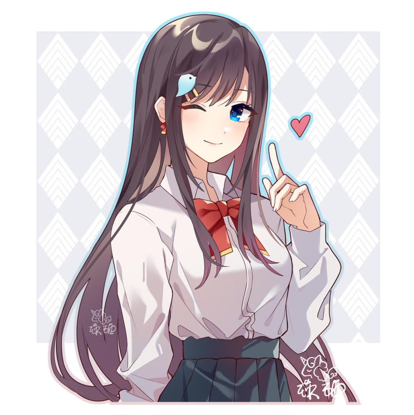 1girl, ;), akira_(ying), black_hair, black_skirt, blue_eyes, blue_outline, bow, closed_mouth, collared_shirt, dress_shirt, hair_ornament, hairclip, hand_up, heart, highres, index_finger_raised, kyouka_(overidea), long_hair, long_sleeves, looking_at_viewer, one_eye_closed, outline, overidea, pleated_skirt, red_bow, shirt, signature, skirt, smile, solo, very_long_hair, virtual_youtuber, white_shirt