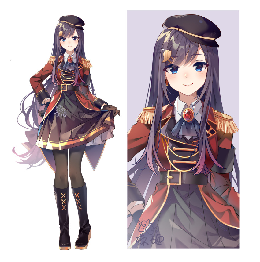 1girl, akira_(ying), ascot, black_footwear, black_hair, black_headwear, black_legwear, black_neckwear