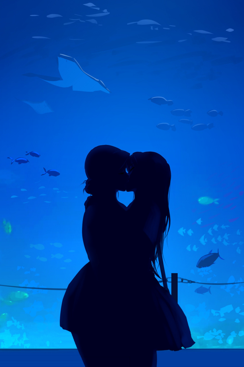 2girls, aquarium, bag, closed_eyes, dating, fish, handbag, highres