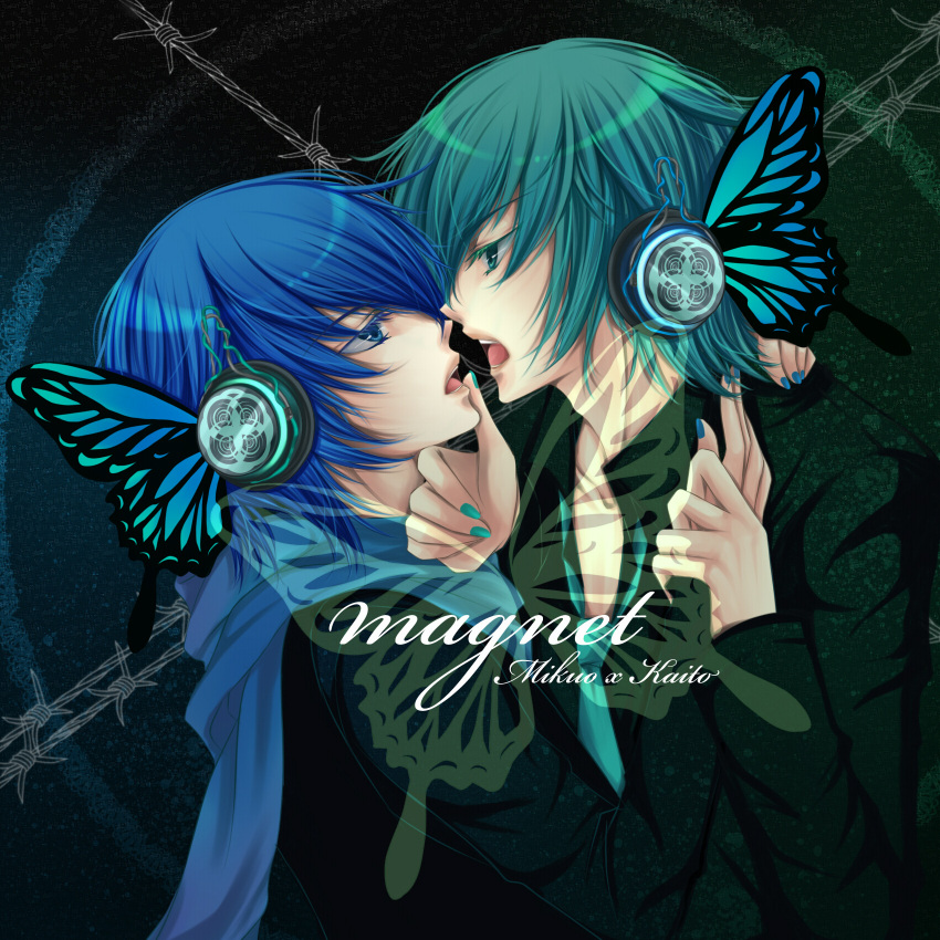 2boys, blue_hair, green_hair, hatsune_mikuo, headphones, kaito, magnet_(vocaloid), male