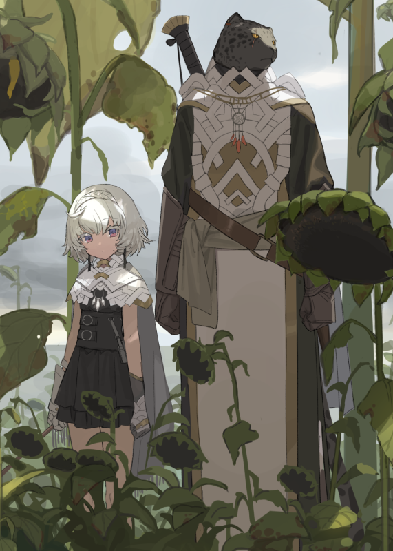 1boy, 1girl, :<, ahoge, bangs, black_dress, chorefuji, closed_mouth