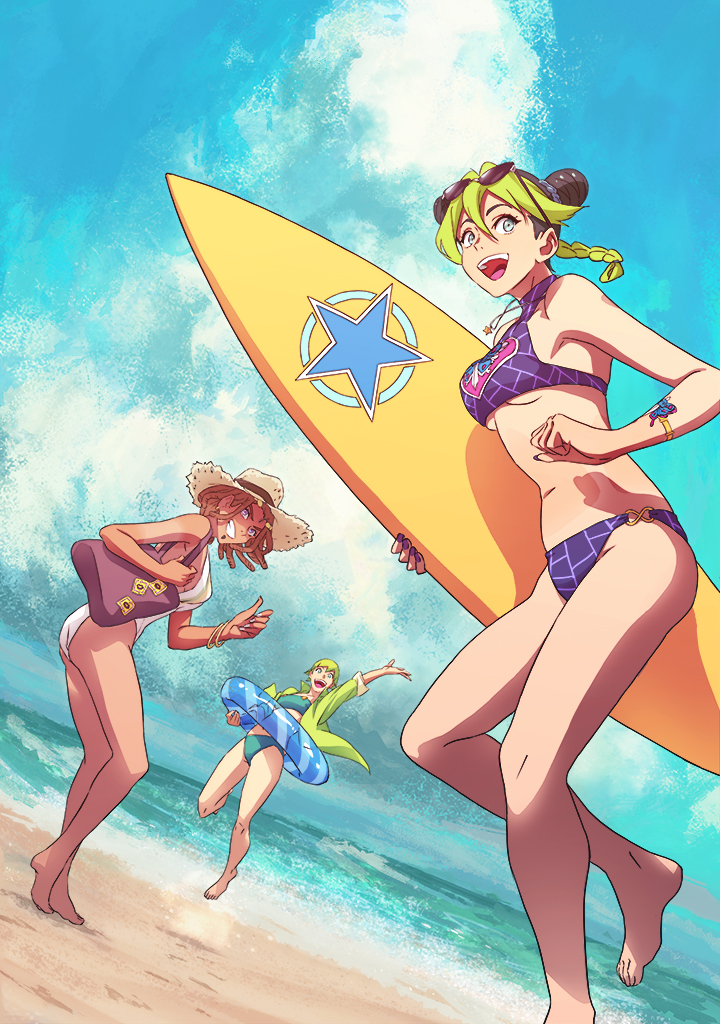 3girls, adapted_costume, bag, bare_legs, barefoot, beach, bikini, black_hair