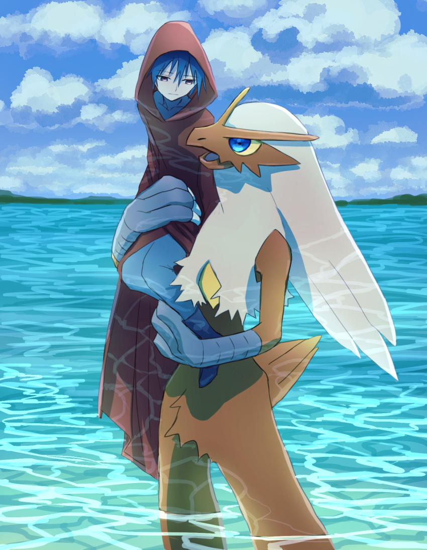 bangs, blaziken, blue_eyes, blue_footwear, blue_hair, boots, character_request, claws