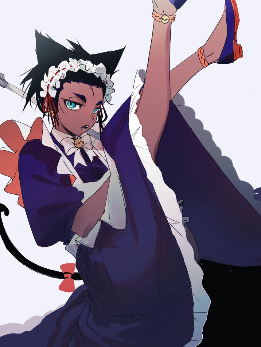 1boy, alternate_costume, black_hair, bow, bowtie, commentary_request, crossdressinging, dark-skinned_male
