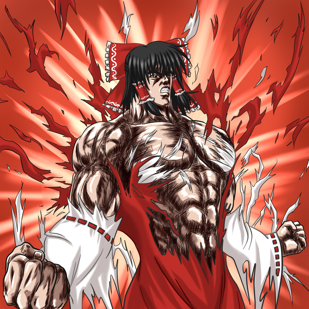 genderswap, hakurei_reimu, hokuto_no_ken, kenshirou, manly, muscle, short_hair, torn_clothes