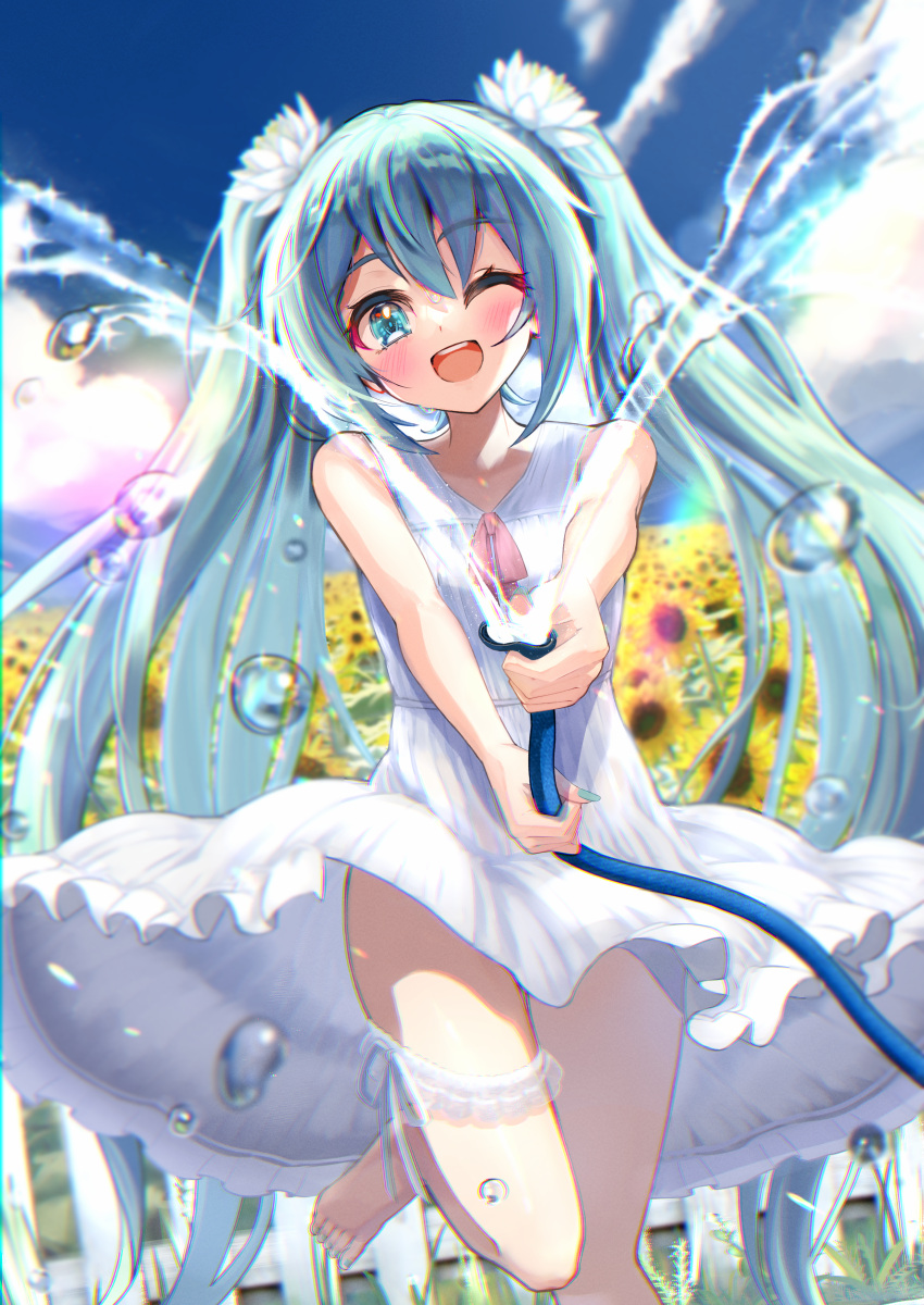 1girl, ;d, absurdres, aqua_eyes, aqua_hair, bangs, bare_arms, bare_shoulders