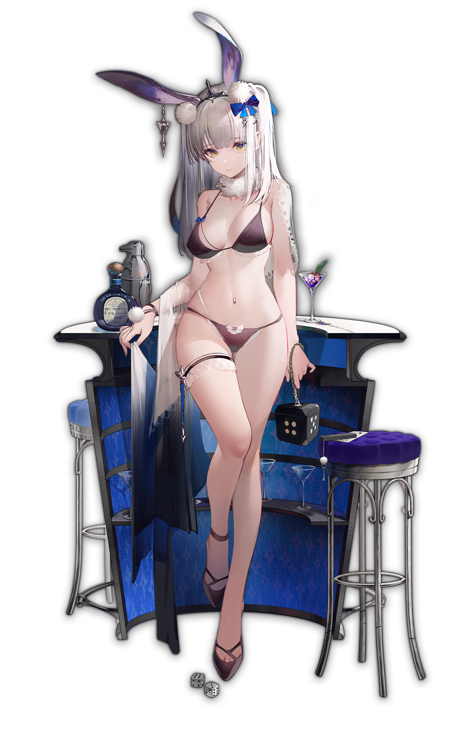 1girl, alcohol, animal_ears, bag, bangs, bikini, black_bikini, black_footwear
