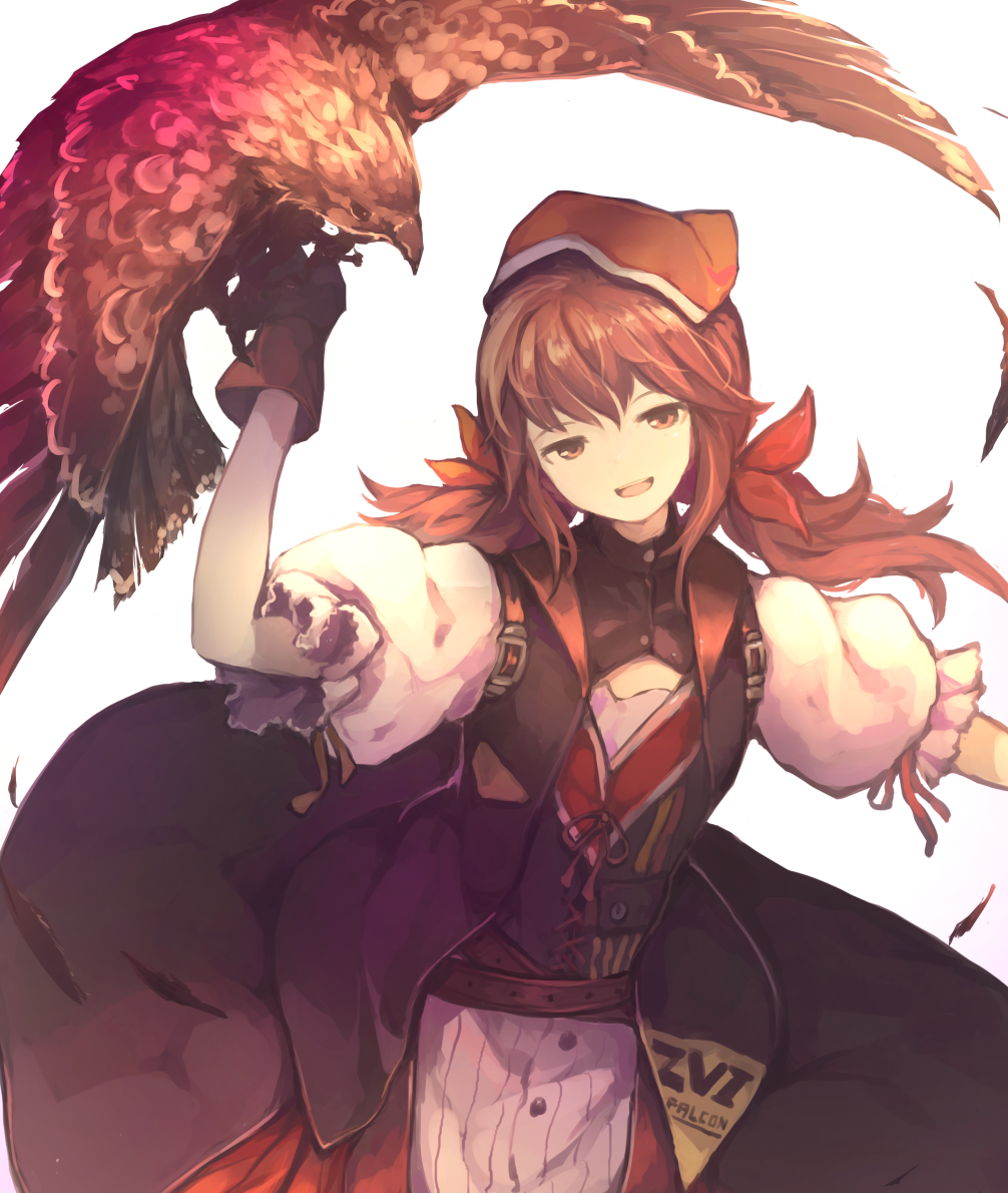1girl, :d, animal_on_arm, bird, bird_on_arm, brown_hair, character_name, commentary_request