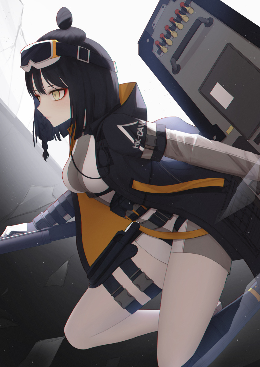 1girl, black_hair, bodysuit, braid, breasts, broken_glass, caws_(girls_frontline), character_name