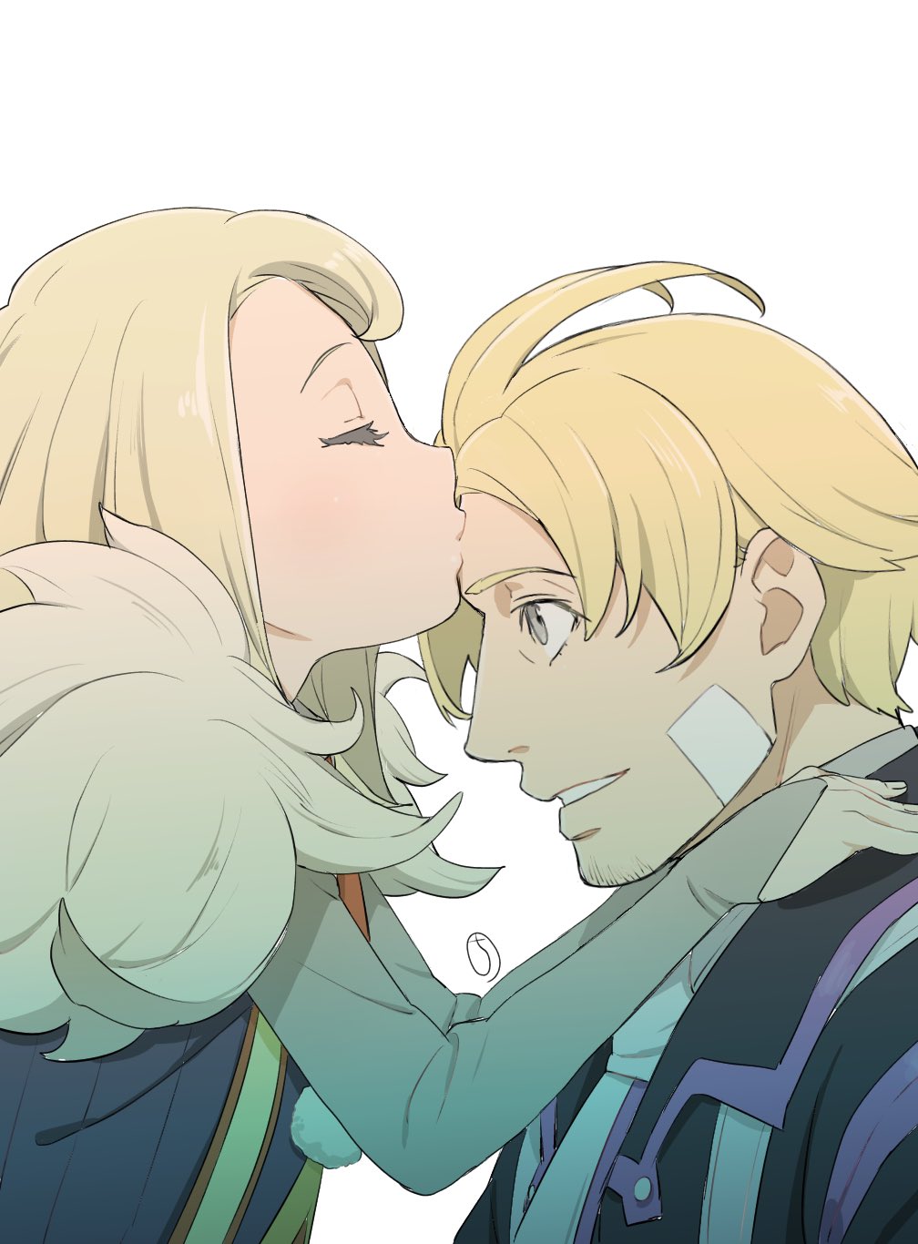 1boy, 1girl, ahoge, bandaid, bandaid_on_cheek, blonde_hair, closed_eyes, forehead_kiss, fur_trim, highres, judy_(unlimited_saga), kiss, kobayashi_chizuru, kurt, long_hair, saga, simple_background, unlimited_saga, white_background