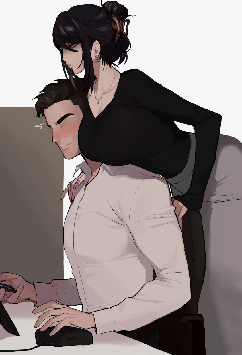 1boy, 1girl, absurdres, between_breasts, black_shirt, blush, breasts, breasts_on_shoulders