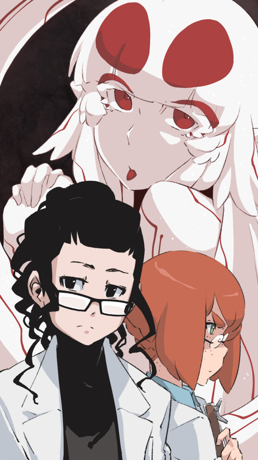 3girls, ad-6-0001a, alien, bangs, black-framed_eyewear, black_eyes, black_hair, blunt_bangs
