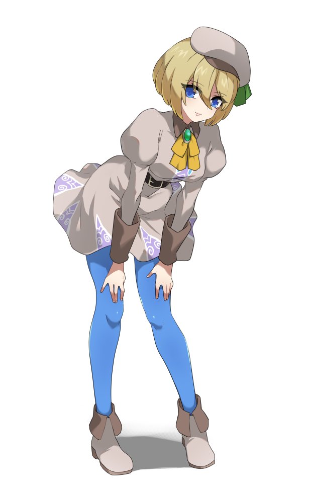1girl, blonde_hair, blue_eyes, breasts, closed_mouth, dress, hat, labelle