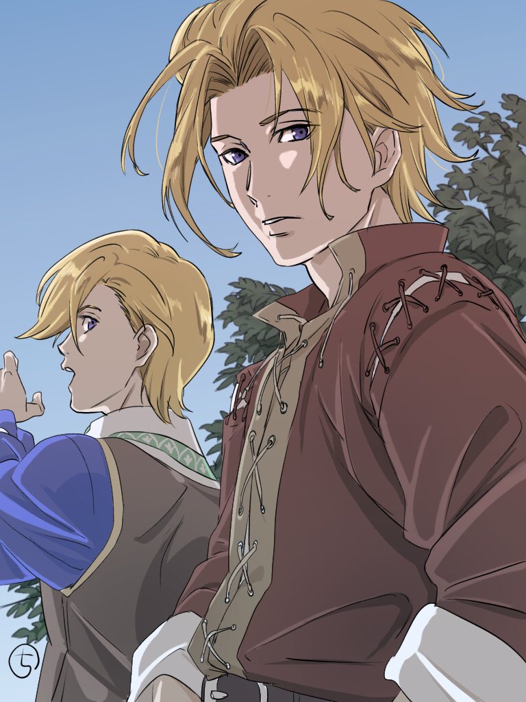 2boys, belt, blonde_hair, gustave_xiii, kelvin, kobayashi_chizuru, looking_at_viewer, looking_back, male_focus, messy_hair, multiple_boys, open_mouth, saga, saga_frontier_2, standing, violet_eyes