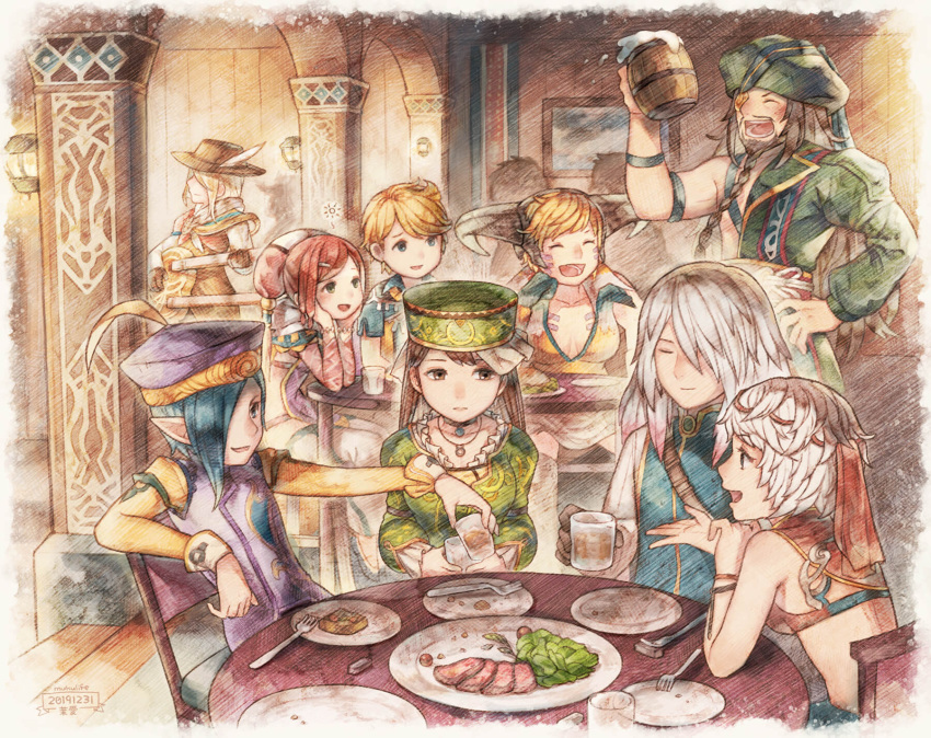 aisha_(saga), albert_(romancing_saga), barbara_(romancing_saga), blonde_hair, breasts, brown_hair, chair, claudia_(saga)