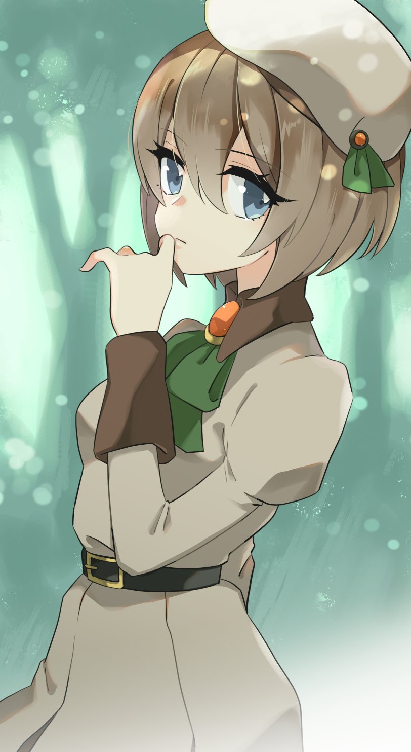 1girl, belt, blue_eyes, breasts, brown_hair, closed_mouth, dress, hat