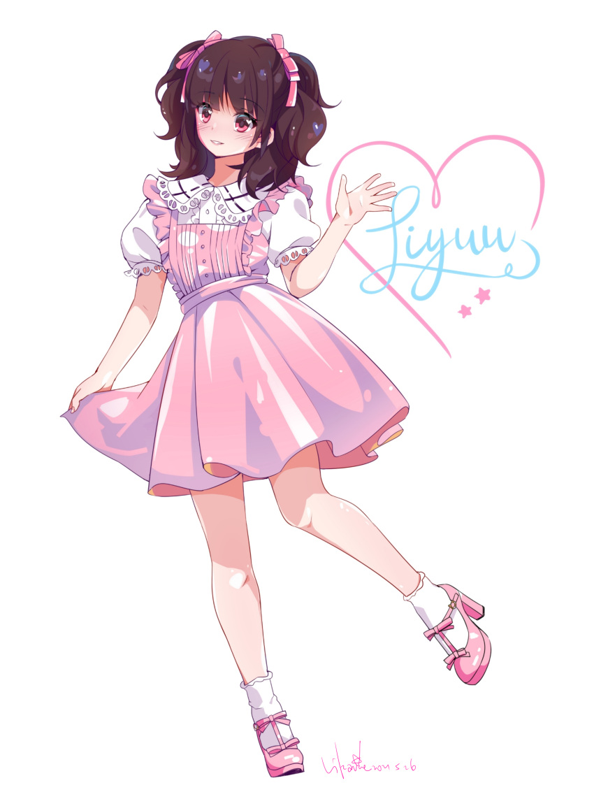 1girl, absurdres, bangs, blush, brown_hair, character_name, commentary_request, dress, english_text, eyebrows_visible_through_hair, hair_ribbon, heart, high_heels, highres, likauce, liyuu, long_hair, looking_at_viewer, pink_dress, pink_footwear, real_life, red_eyes, ribbon, short_hair, signature, solo, star_(symbol), twintails, voice_actor, white_legwear