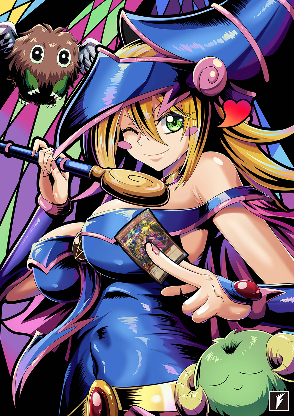 1girl, bare_shoulders, blonde_hair, blush, blush_stickers, breasts, card, covered_navel