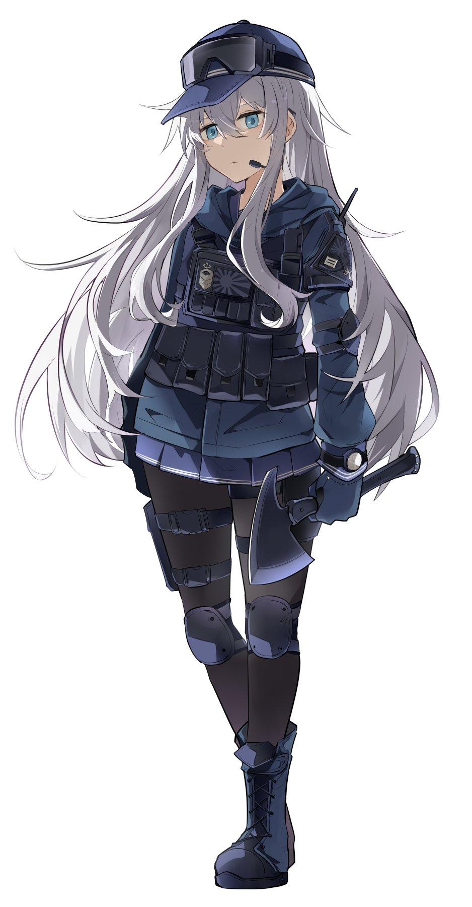 1girl, alternate_costume, axe, baseball_cap, black_footwear, black_gloves, black_legwear, black_skirt