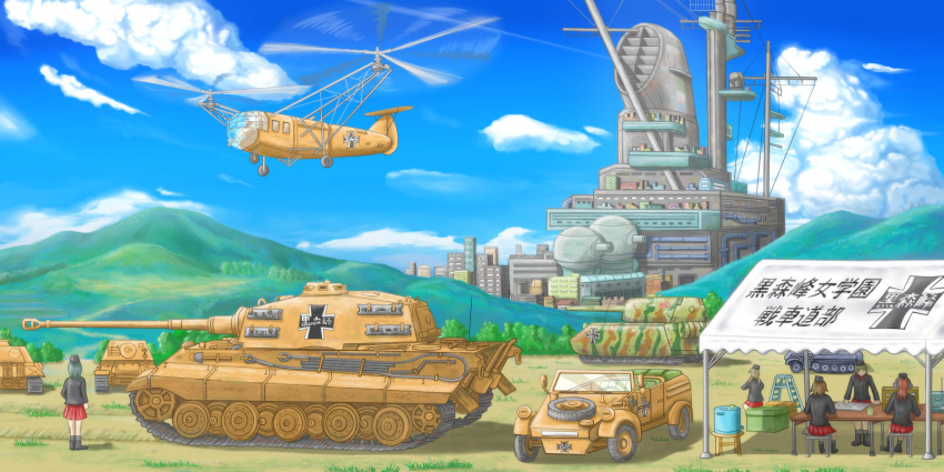 5girls, aircraft, artist_request, car, caterpillar_tracks, clouds, commentary_request, day